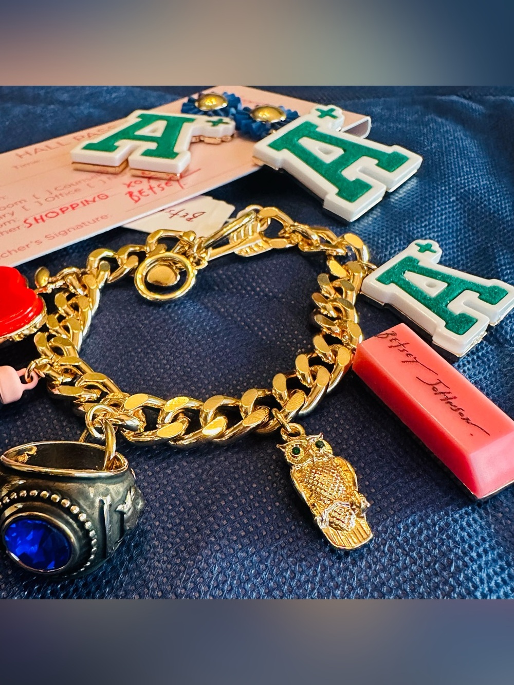 Betsey Johnson Back To School Charm Bracelet & A+ Drop Earrings Set NIB